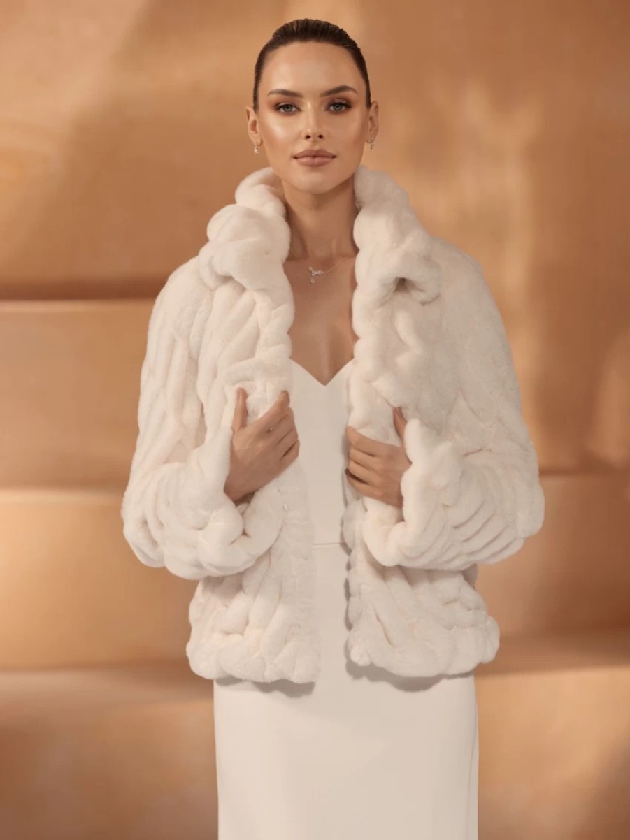 Bianco Evento Bianco Ivory Faux Fur Long Sleeve Wedding Jacket E445 New