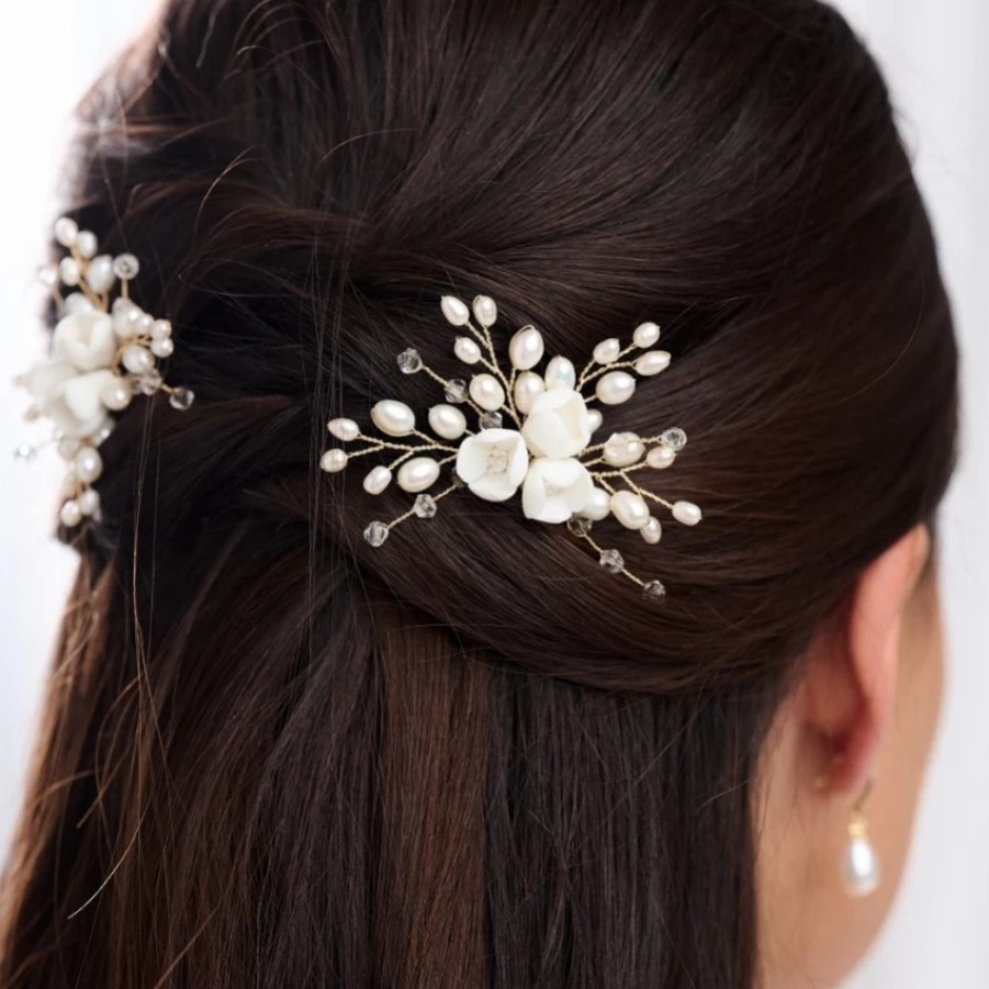 Lace & Favour Snowdrop Porcelain Flowers And Freshwater Pearl Hair Pin (Gold) Online