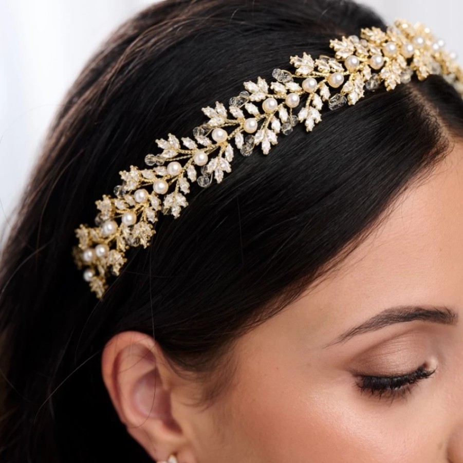 Lace & Favour Tuscany Gold Crystal Leaves And Pearl Wedding Headband New