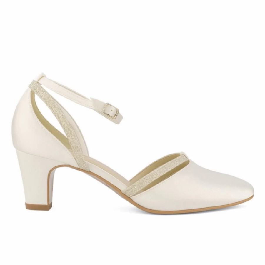 Avalia Shoes Avalia Luna Ivory Satin And Silver Glitter Ankle Strap Court Shoes New