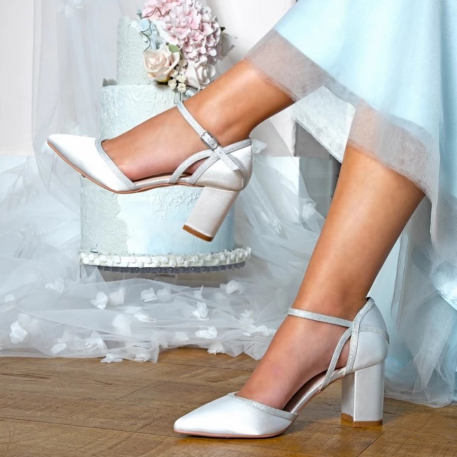 Perfect Bridal Perfect Bridal Robyn Dyeable Ivory Satin And Silver Glitter Block Heel Court Shoes New