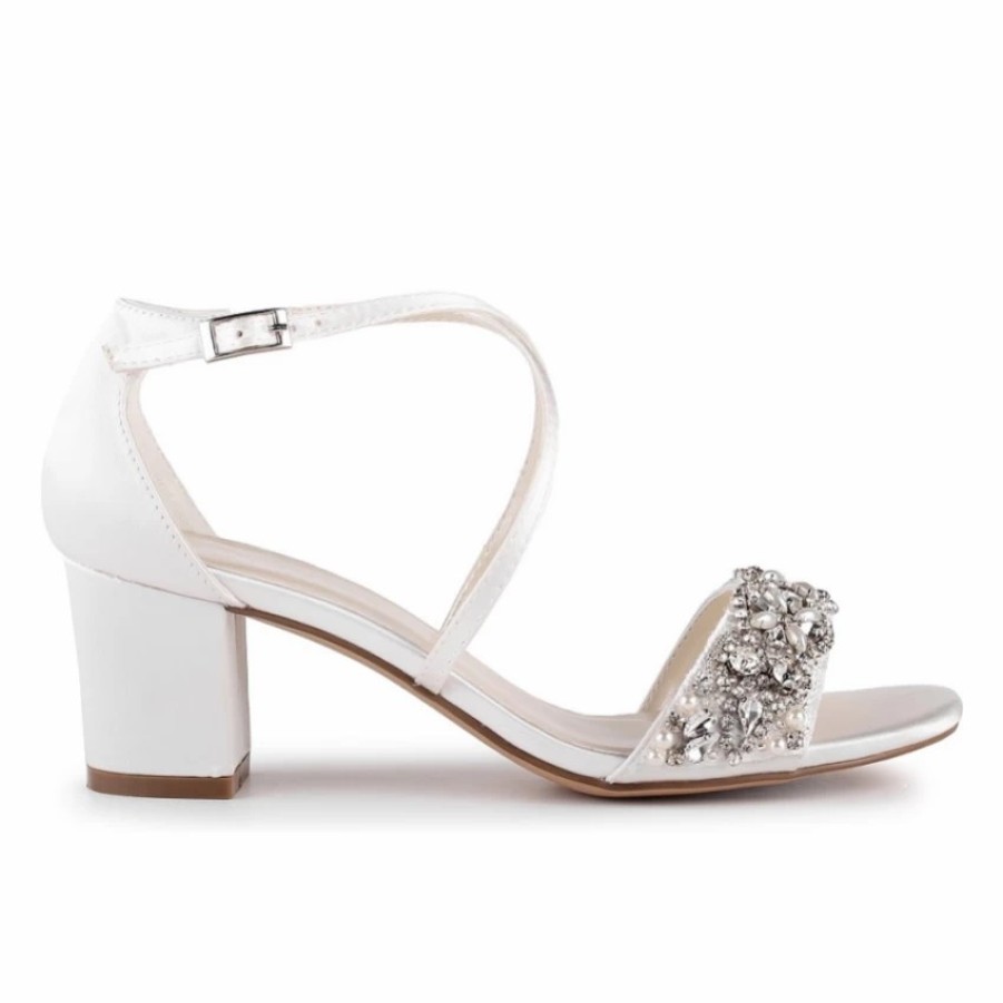 Pink Paradox London Paradox London Evangeline Ivory Satin Embellished Low Block Heel Sandals New