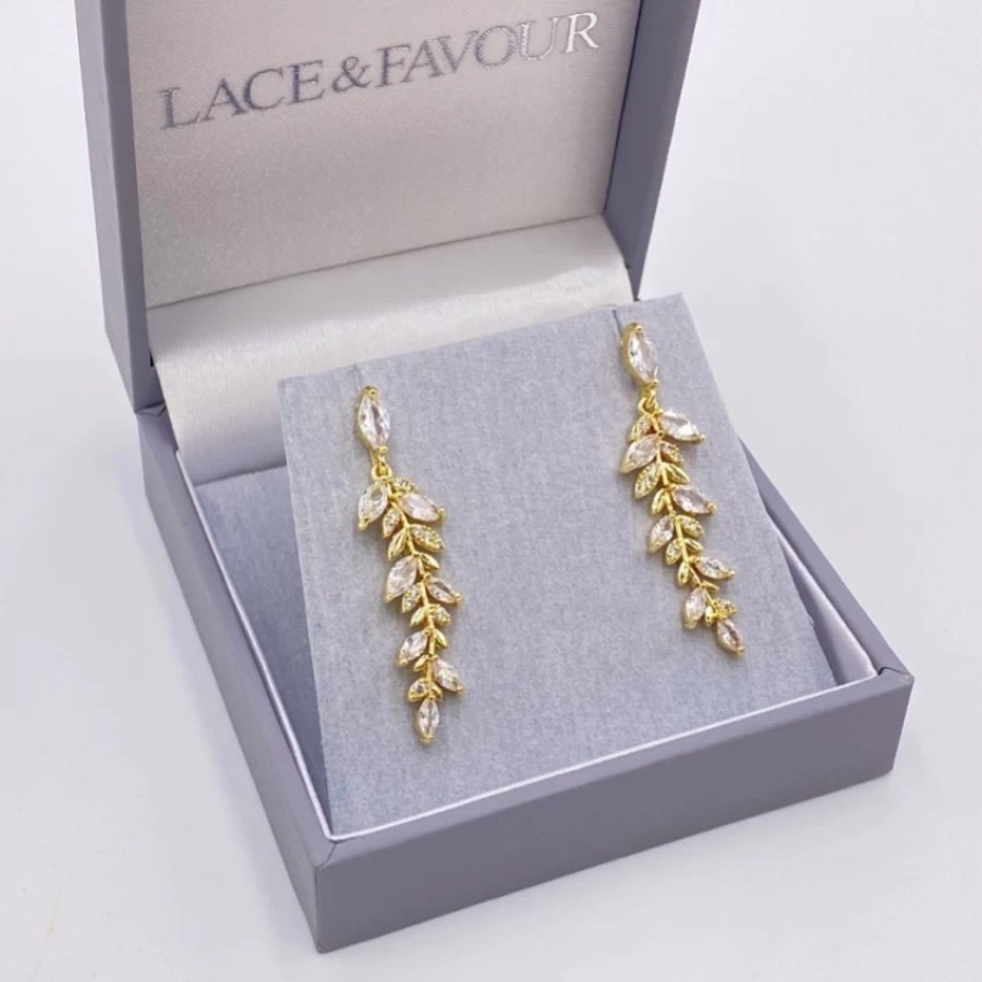 Lace & Favour Fern Gold Sparkly Crystal Leaves Earrings Wholesale