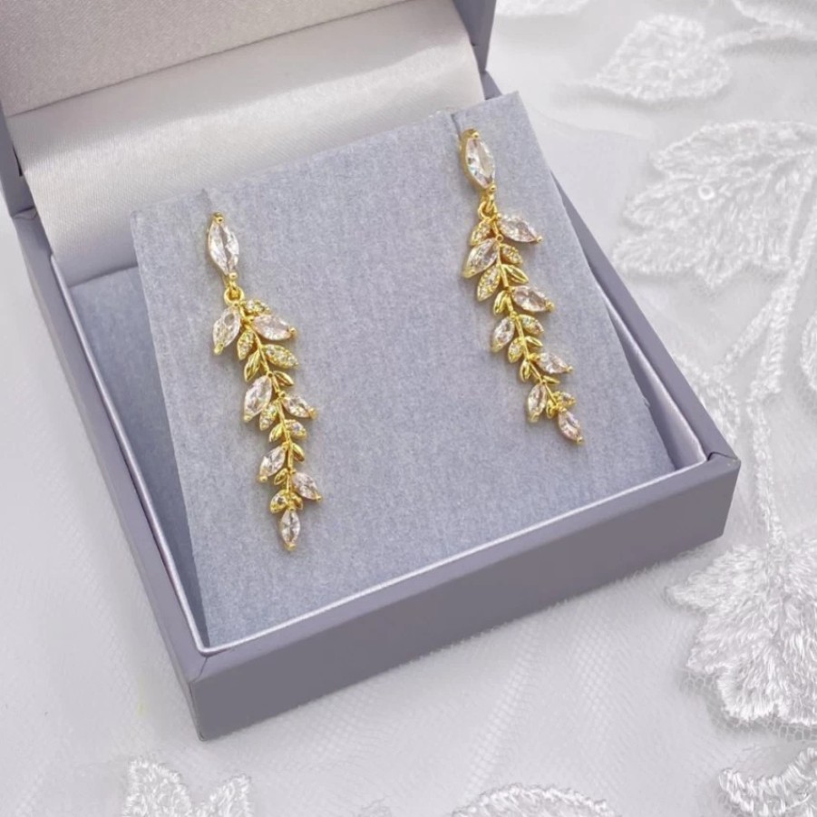 Lace & Favour Fern Gold Sparkly Crystal Leaves Earrings Wholesale