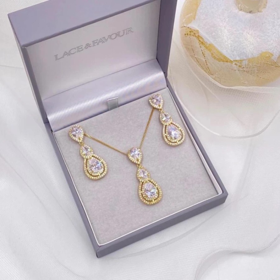 Lace & Favour Alessandra Gold Vintage Inspired Crystal Bridal Jewellery Set Wholesale