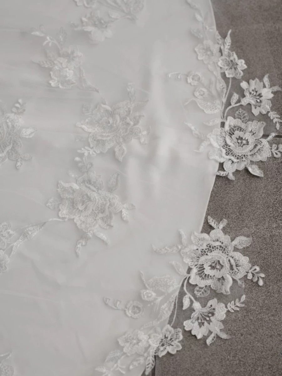 Linzi Jay Linzi Jay Long Ivory Single Tier Bridal Veil With Floral Appliques La607 Online