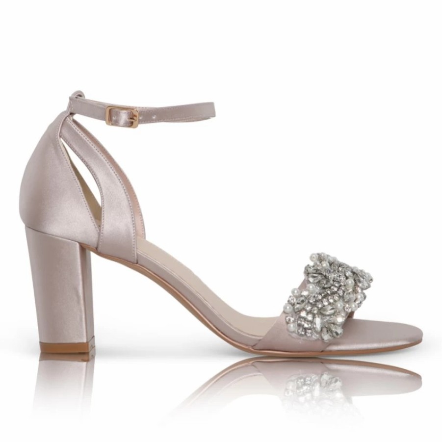 Perfect Bridal Perfect Bridal Alexa Taupe Satin Embellished Block Heel Sandals Clearance