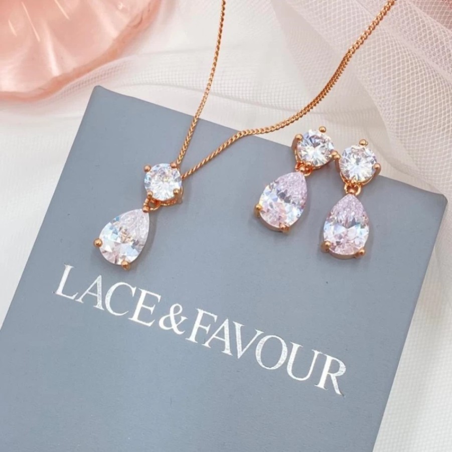 Lace & Favour Cleo Rose Gold Teardrop Cubic Zirconia Wedding Jewellery Set Online