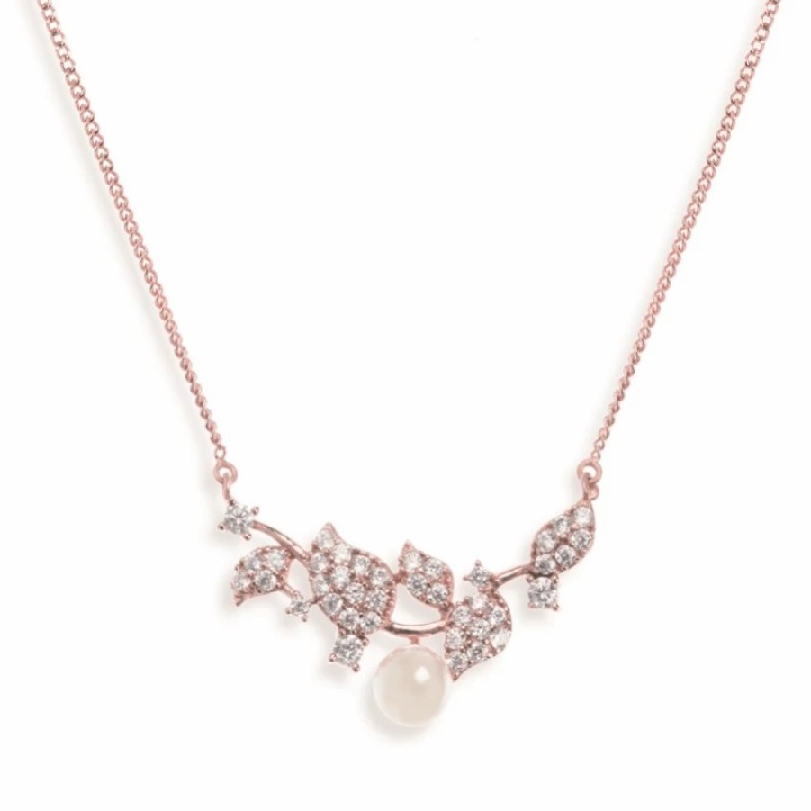 Ivory & Co Ivory And Co Aphrodite Crystal Leaves And Pearl Wedding Necklace (Rose Gold) Online