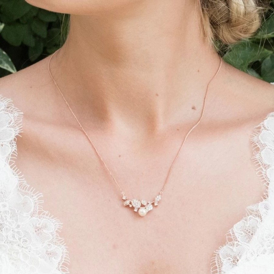 Ivory & Co Ivory And Co Aphrodite Crystal Leaves And Pearl Wedding Necklace (Rose Gold) Online