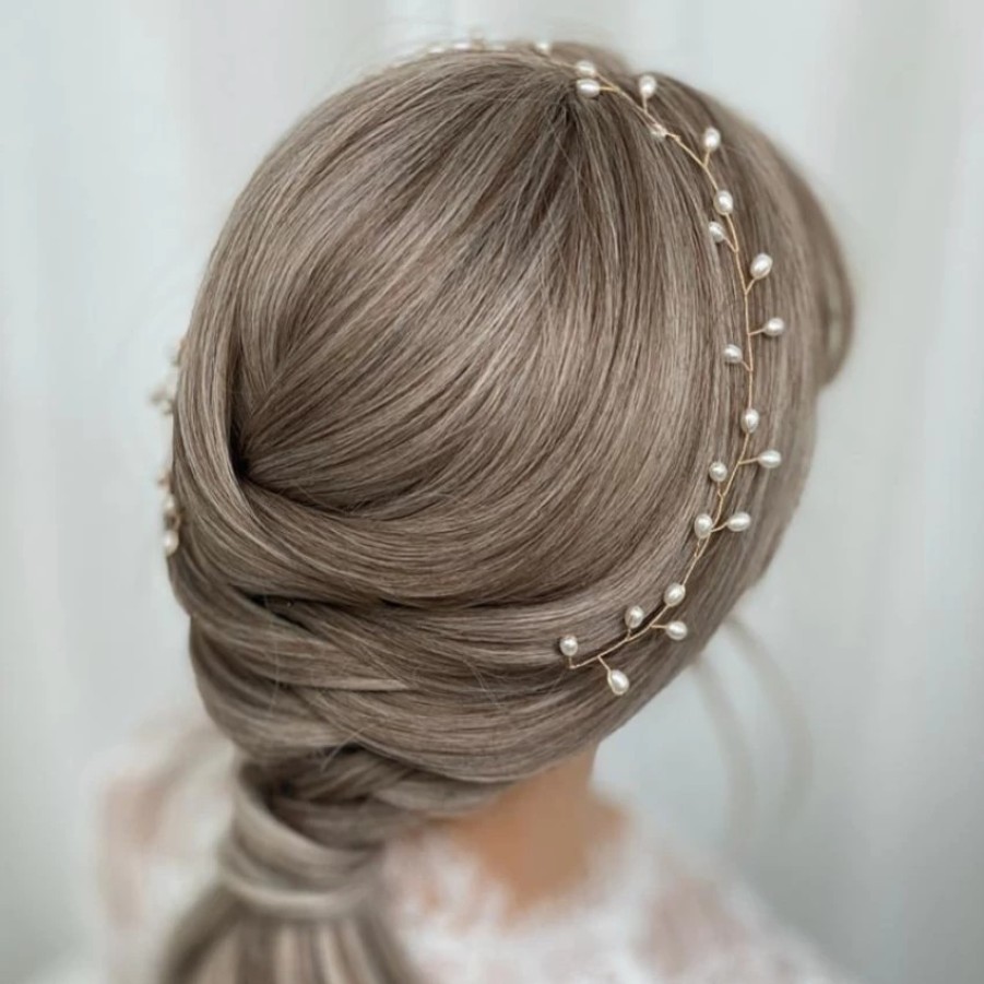 Lace & Favour Aruba Long Delicate Pearl Wedding Hair Vine (Gold) Hot